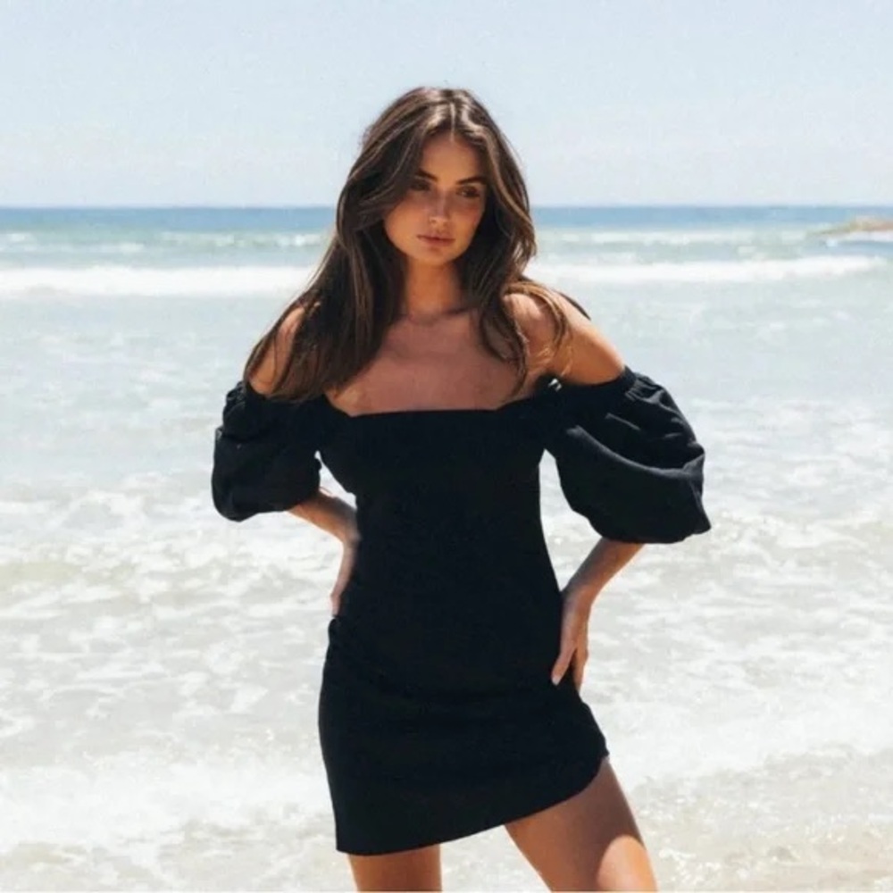 Free People Beach Ribbed Black Off-Shoulder Puff Sleeve Mini Dress